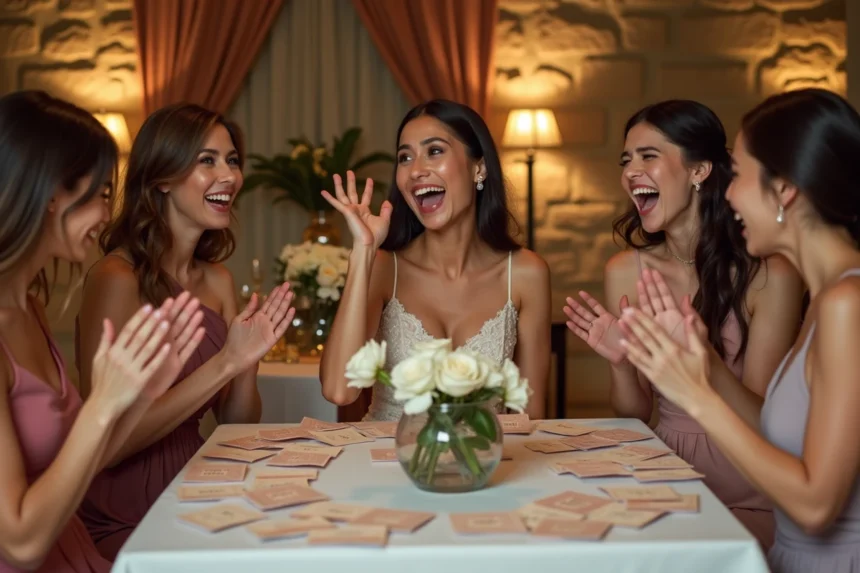 Groupe d'invités de mariage jouant à un jeu de gage bienveillant autour d'une table de réception décorée, rires et bonne humeur garantis