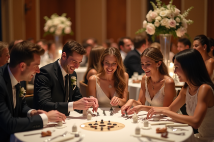 Groupe d'invites au mariage jouant à un jeu de table