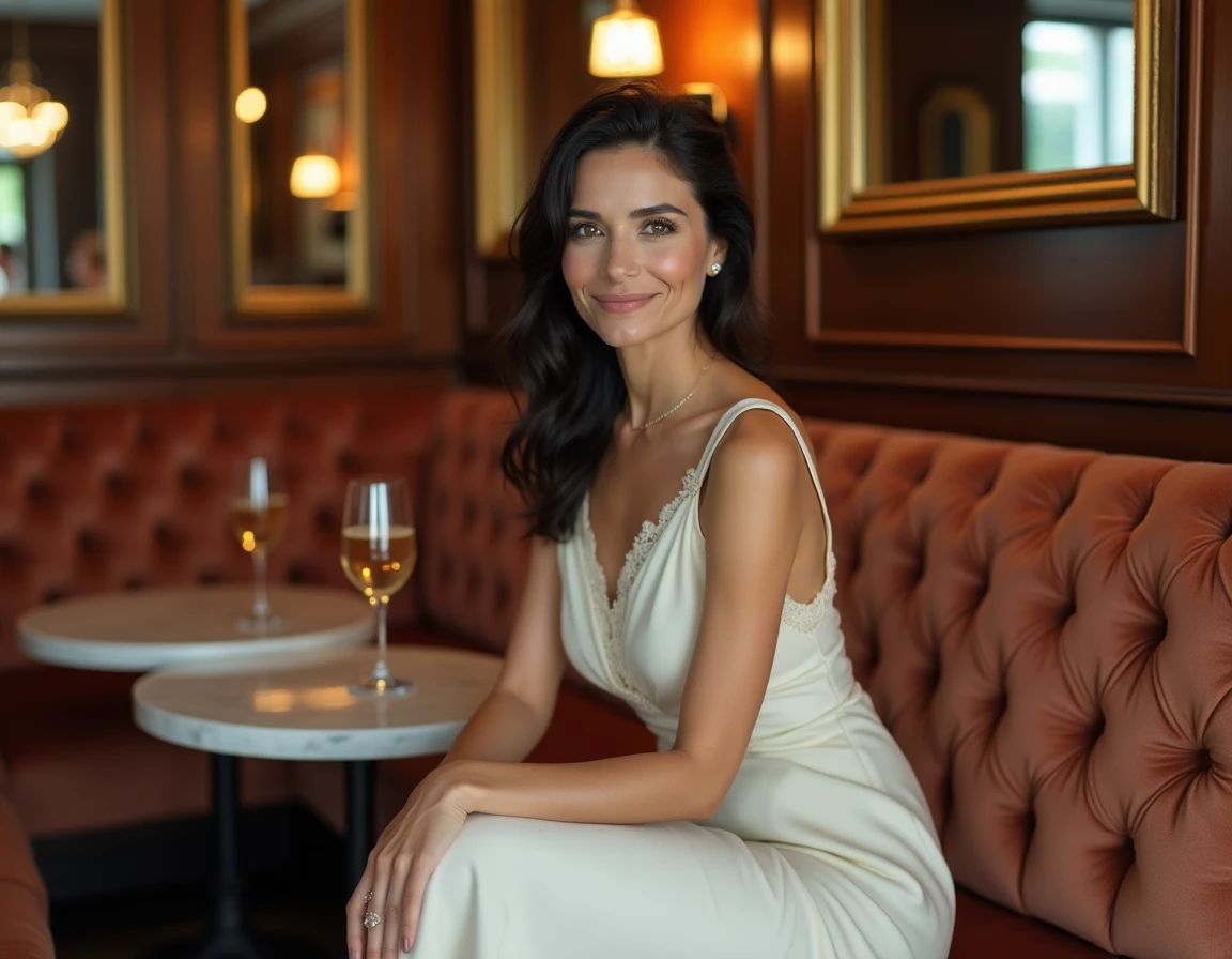 Femme en robe ivoire assise dans une brasserie parisienne élégante avec une coupe de champagne, ambiance mariage et célébration