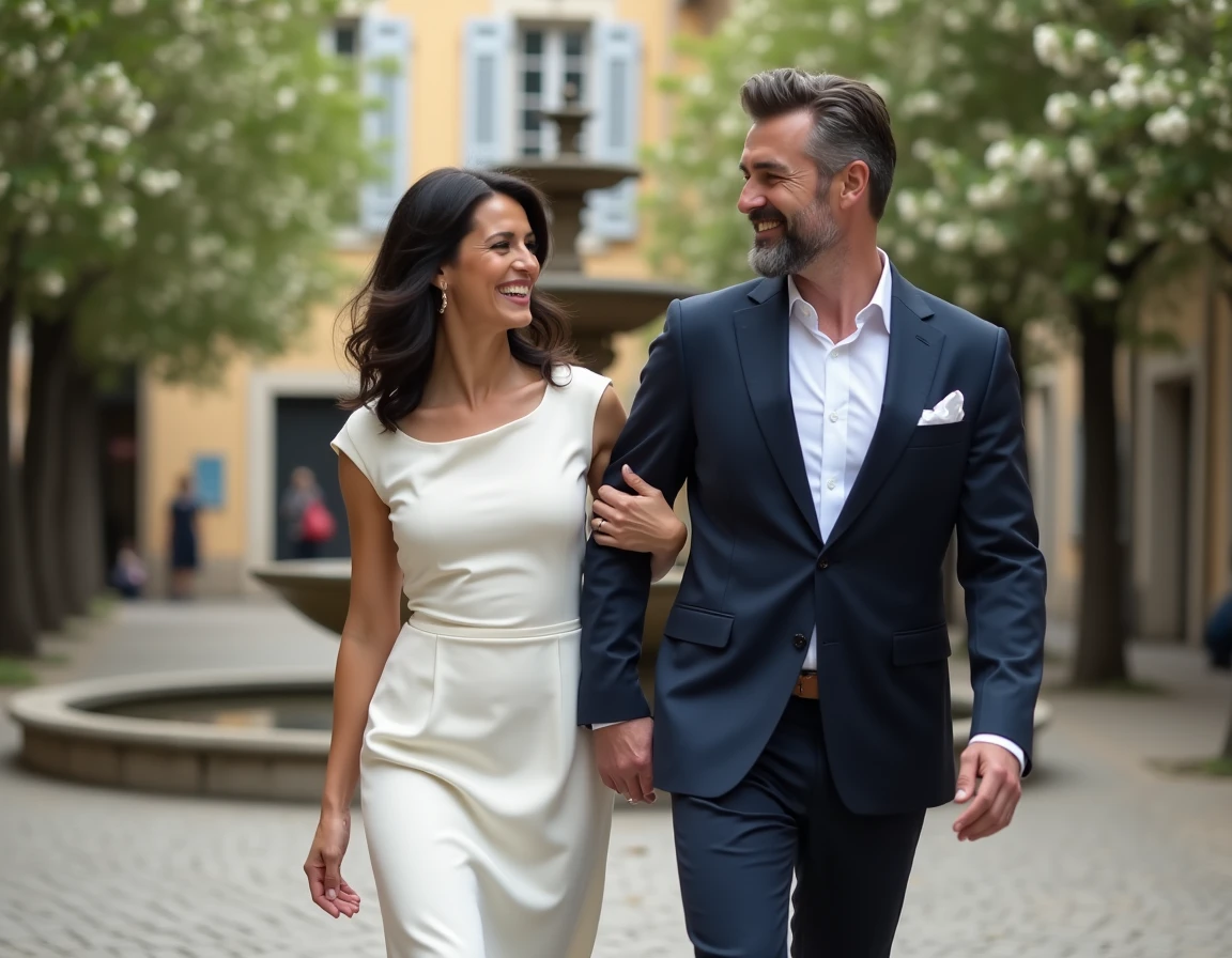 Couple en tenue de mariage se promenant sur des pavés dans un village français fleuri, scène romantique et naturelle en 2026