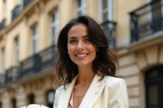 Femme élégante devant un immeuble parisien tenant un bouquet de roses blanches, évoquant une cérémonie de mariage en 2026