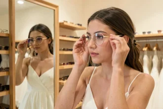Jeune mariée essayant des lunettes de mariage dorées élégantes dans une boutique de mariée