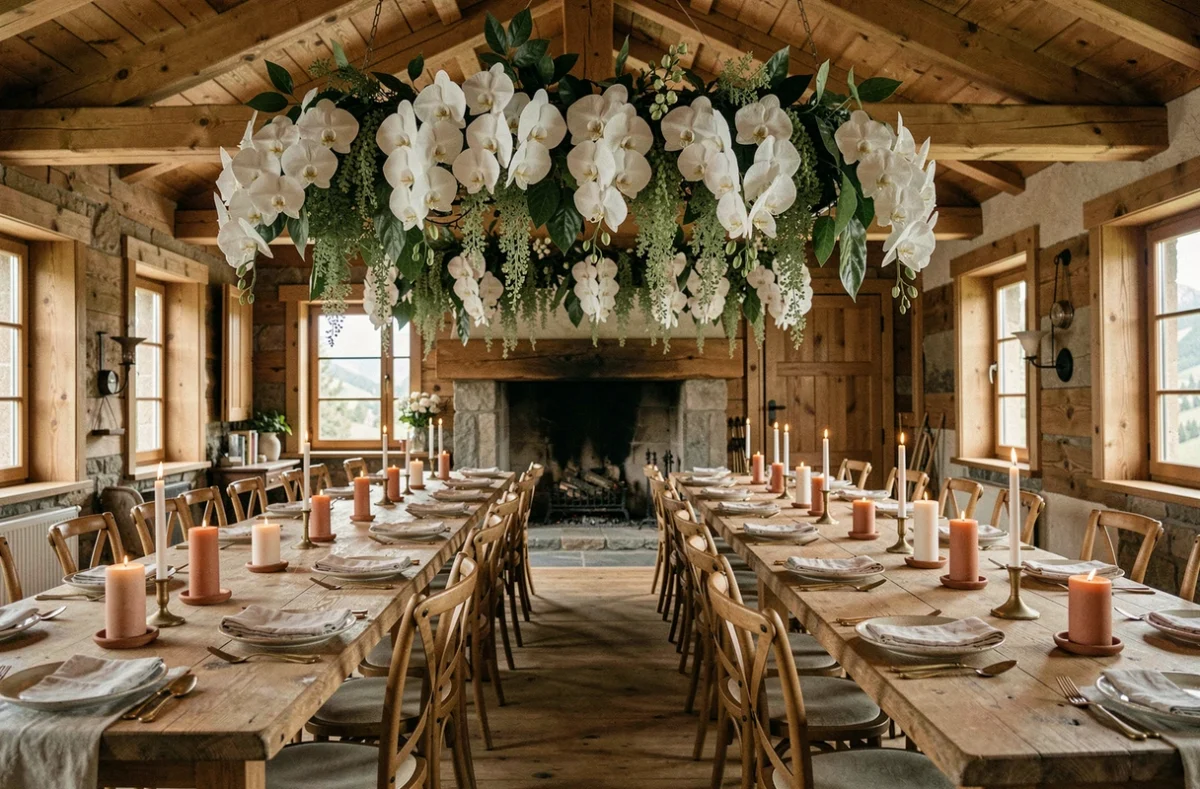 Salle de réception de mariage dans un chalet alpin près d'Annecy avec des installations florales suspendues en orchidées blanches au-dessus de tables en bois brut