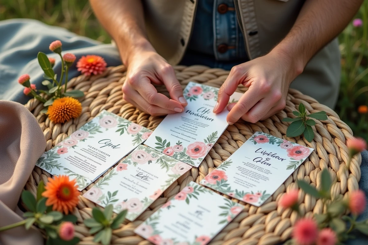 Main masculine assemblant faire-part de mariage avec motifs colorés en extérieur