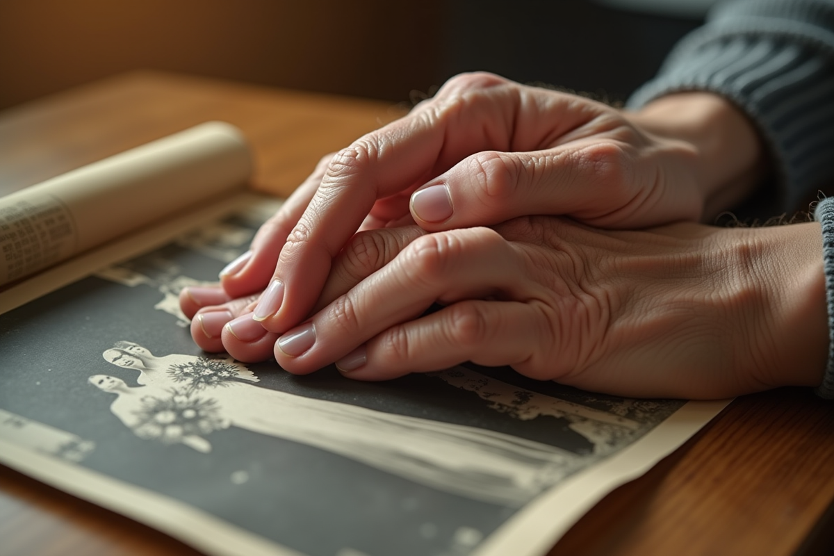 Mains ridées sur une photo de mariage vintage symbolisant l