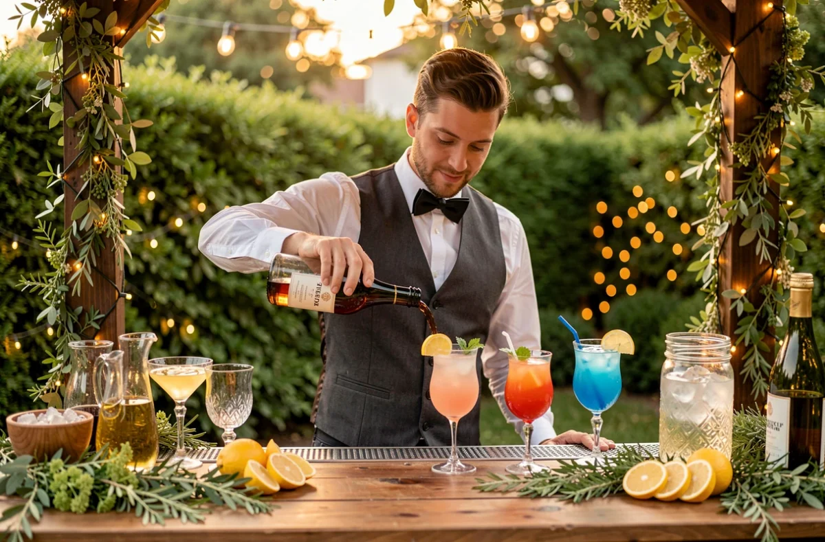 Barman du Maître Cocktail en gilet élégant préparant des cocktails de mariage derrière un bar extérieur décoré de plantes et de verres vintage