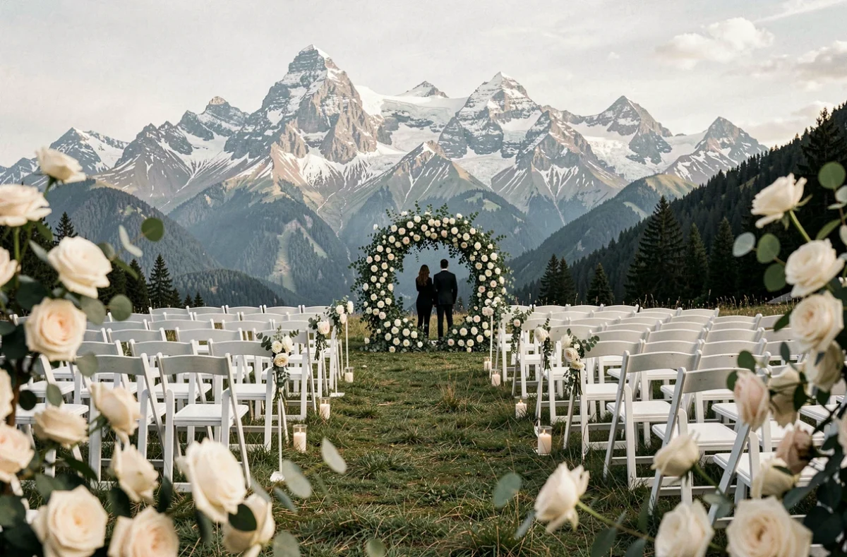 Cérémonie de mariage en plein air dans les Alpes savoyardes avec une arche florale et des chaises blanches face à des sommets enneigés