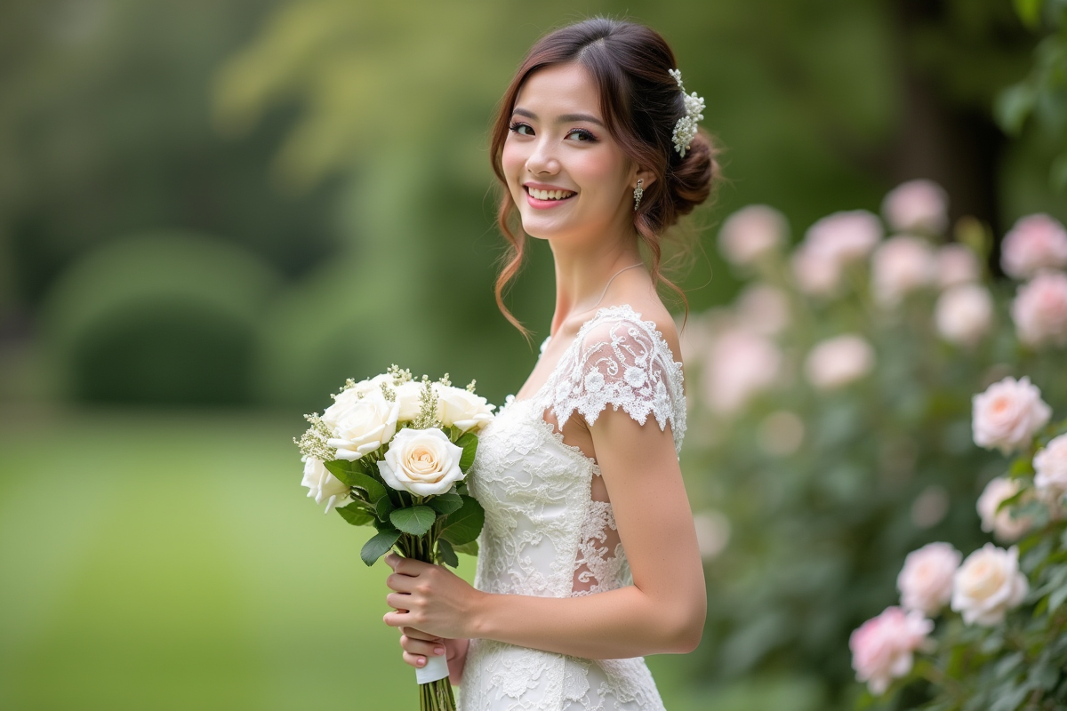 Mariée souriante en robe de dentelle blanche dans un jardin