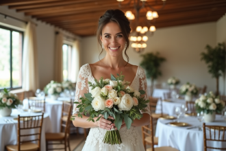 Mariée souriante en robe de mariage ivoire avec bouquet blanc