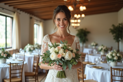 Mariée souriante en robe de mariage ivoire avec bouquet blanc