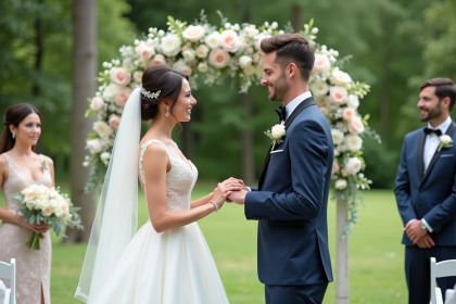 Jeune couple marié échangeant des anneaux sous une arche florale
