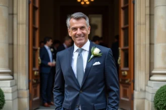 Homme élégant en costume bleu marine devant la mairie lors d'un mariage civil, souriant avec confiance devant une architecture française classique
