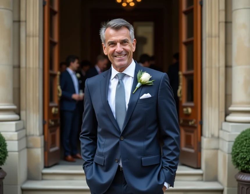 Homme élégant en costume bleu marine devant la mairie lors d'un mariage civil, souriant avec confiance devant une architecture française classique