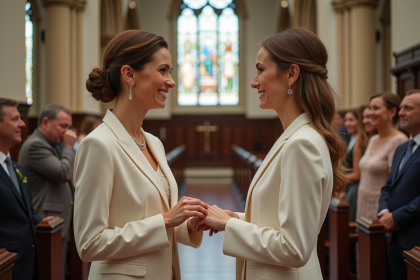 Deux femmes échangent des alliances dans une église chaleureuse