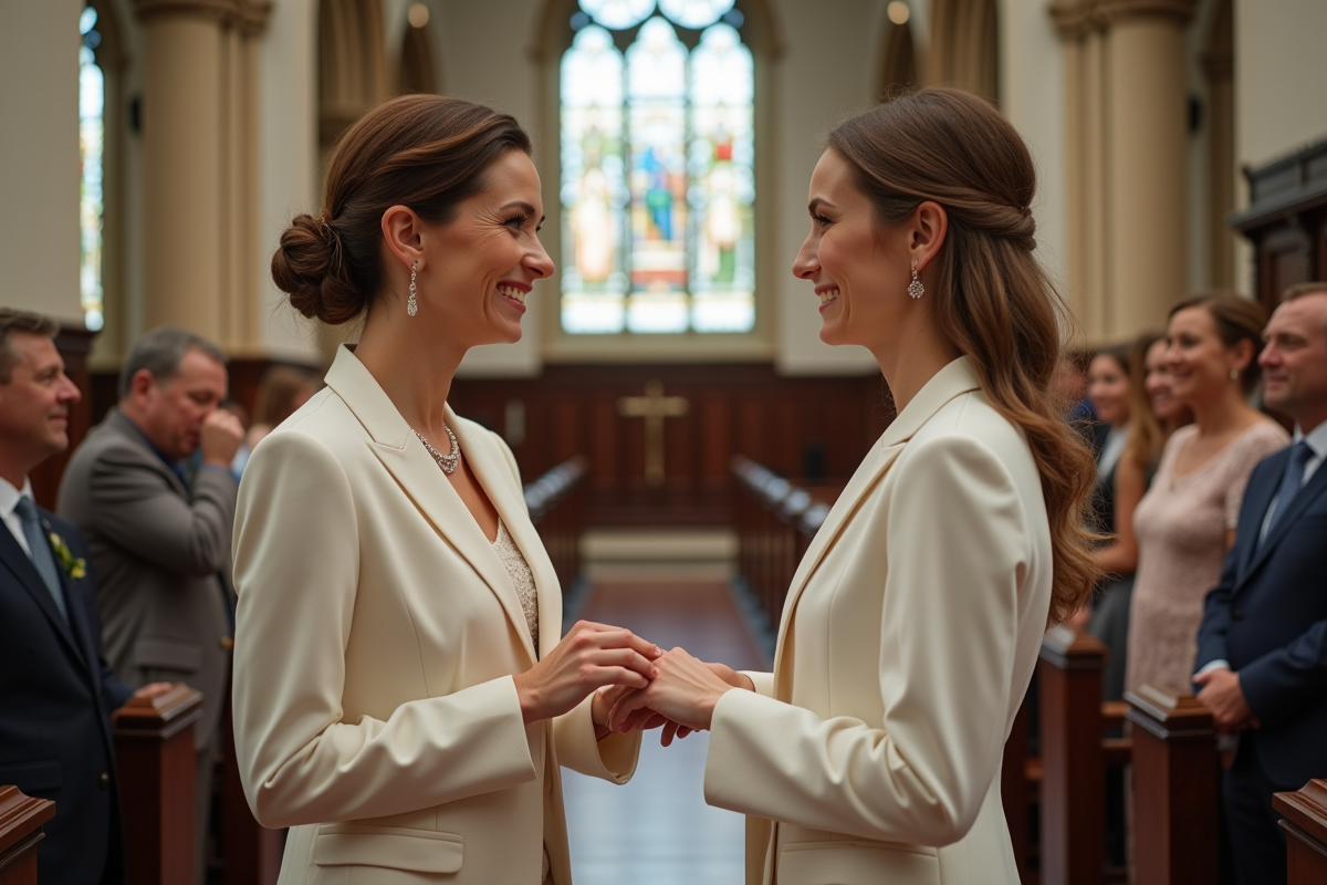 Deux femmes échangent des alliances dans une église chaleureuse