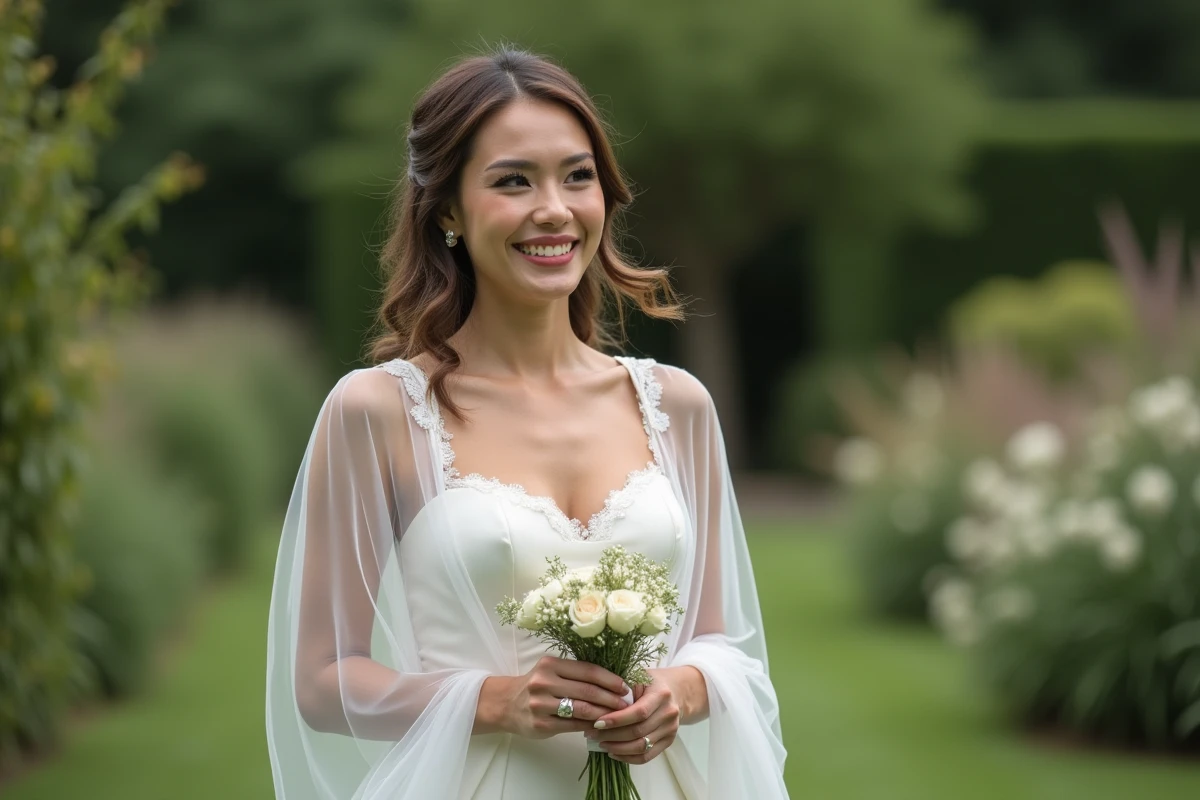 Femme souriante en robe de mariage dans un jardin