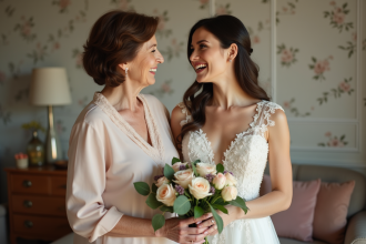 Jeune mariée et sa mère avec bouquet de fleurs