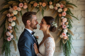 Jeune couple devant une installation florale pastel élégante