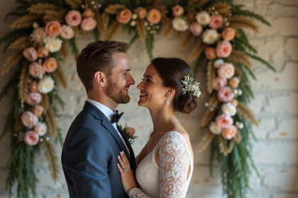 Jeune couple devant une installation florale pastel élégante