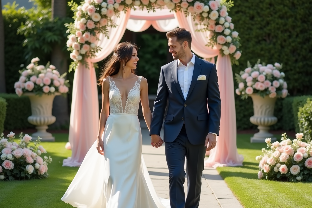 Jeune couple de mariés dans un jardin élégant avec arches florales