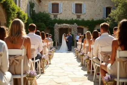 Cérémonie de mariage en plein air dans un village provençal en pierre, style Gordes, avec rangées de chaises blanches ornées de lavande séchée