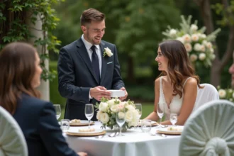 Groupe d'adultes élégants autour d'une table de mariage en extérieur