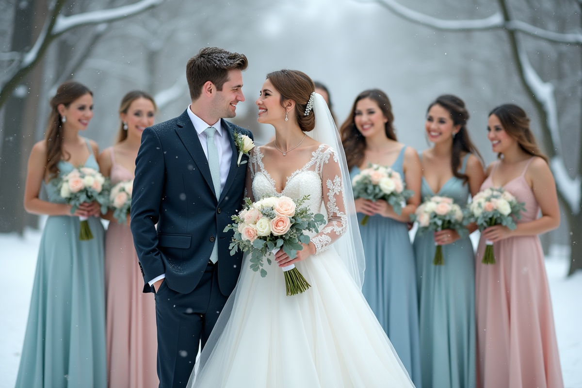 Jeune couple de mariés dans la neige avec demoiselles d