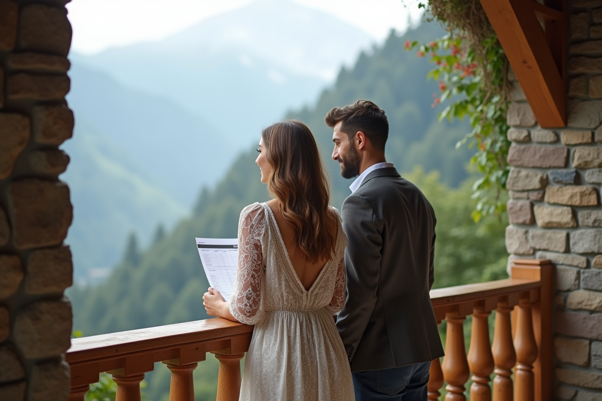 Jeune couple discutant de lune de miel en montagne