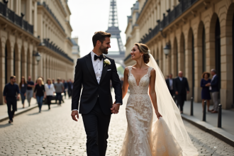 Jeune couple marié marchant à Paris avec Tour Eiffel en arrière-plan