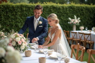 Mariage en plein air avec mariée et marié souriants