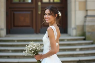 Jeune femme souriante en robe de mariée élégante devant la mairie