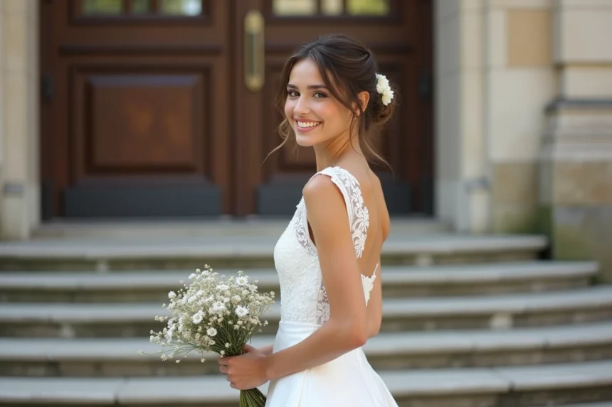 Jeune femme souriante en robe de mariée élégante devant la mairie