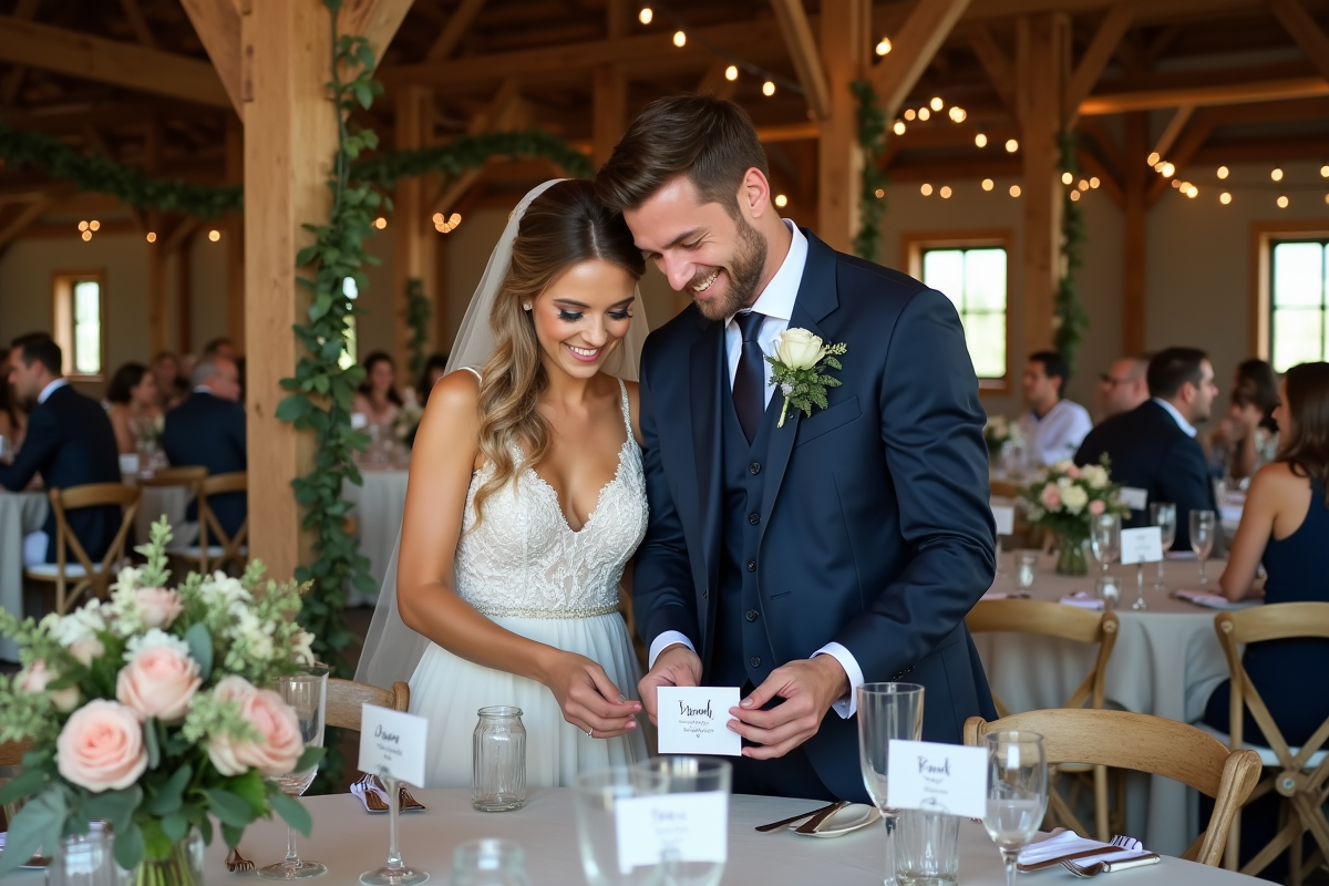 Jeune couple souriant dans un mariage rustique avec décor floral