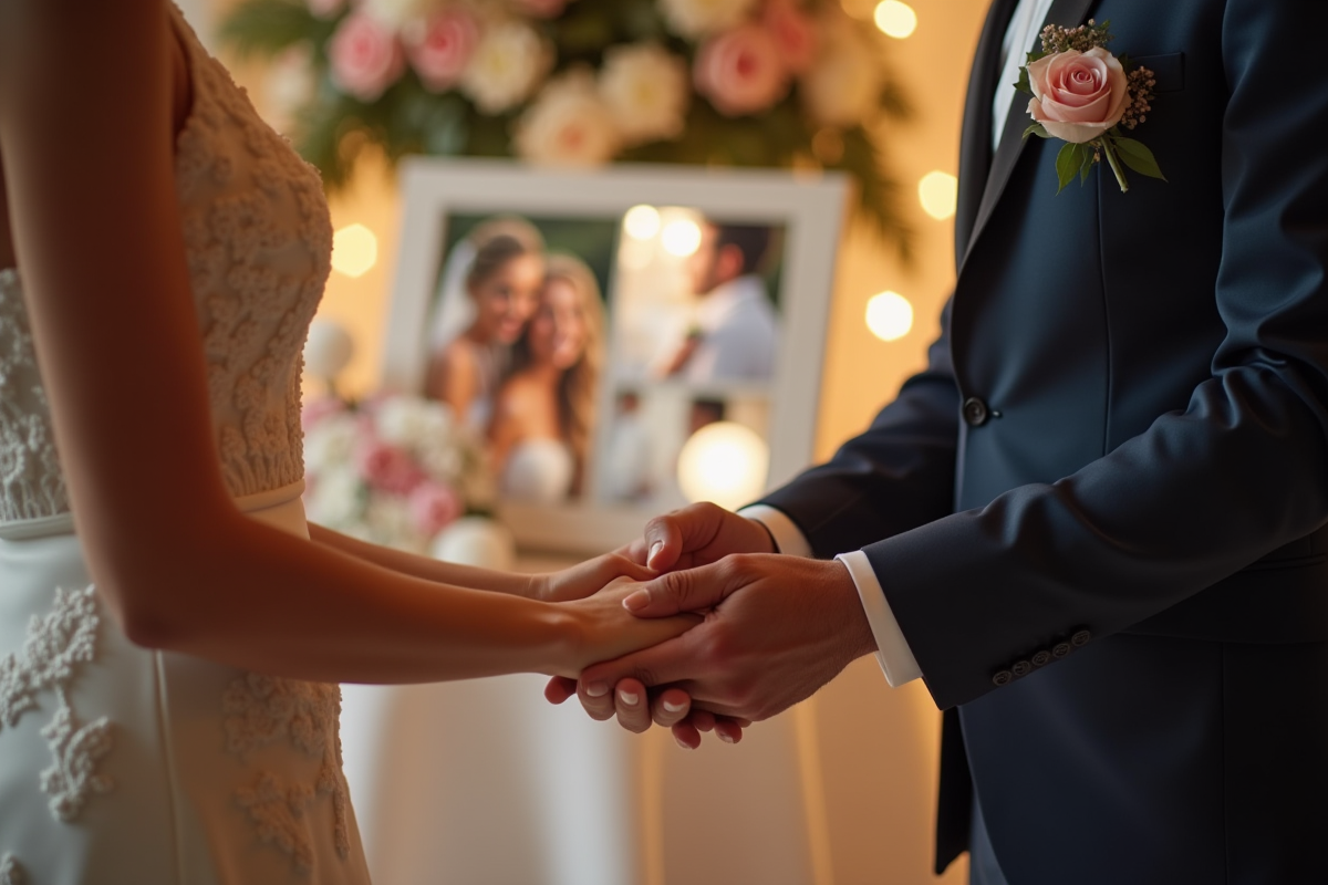 Jeune couple regardant un cadre photo de mariage chaleureux