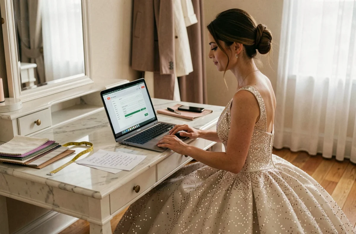 Mariée en robe bouffante à paillettes vérifiant sa commande en ligne depuis un espace dressing élégant