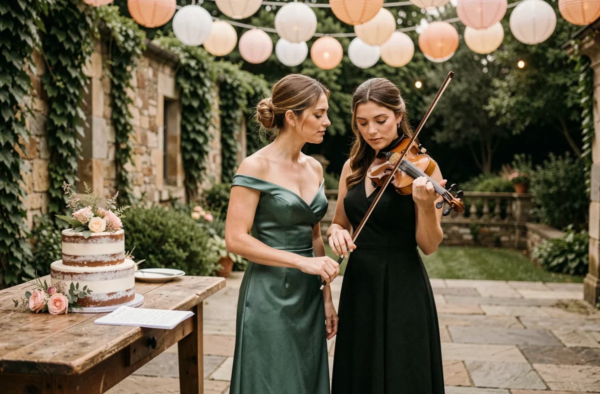 Mariée et violoniste examinant une partition musicale ensemble près d'un gâteau de mariage rustique dans un jardin en pierre