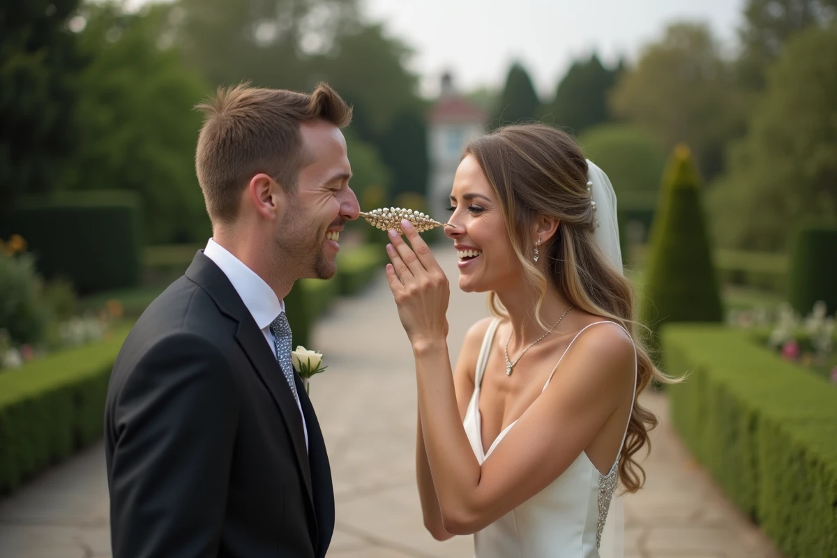 Mariés complices riant ensemble lors d'un gage amusant pendant les animations de mariage dans un jardin romantique