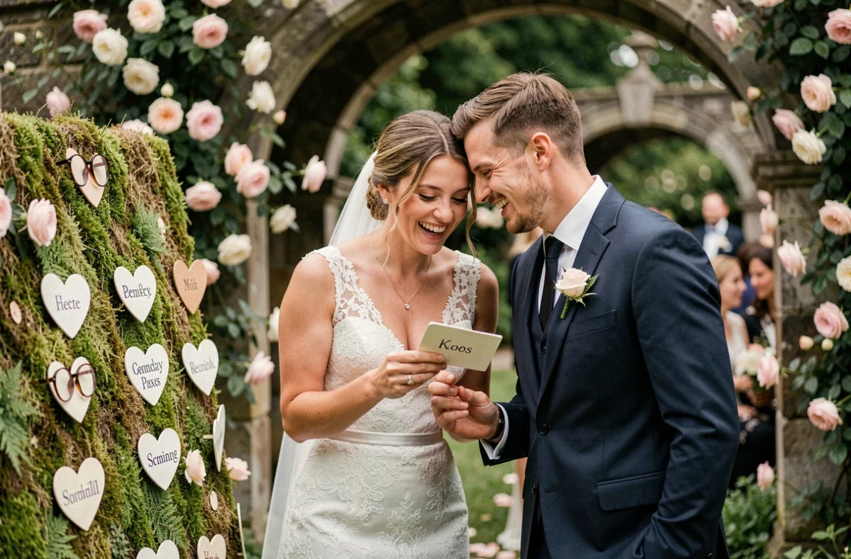 Mariés découvrant leur plan de table avec lunettes en forme de cœur lors d'un mariage en plein air dans un jardin fleuri