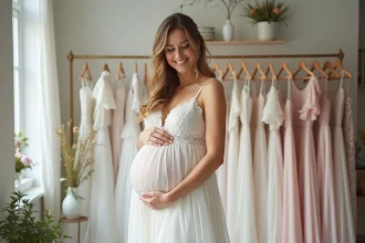 Future mariée enceinte dans une robe de mariage simple et élégante