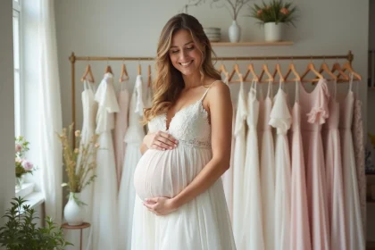 Future mariée enceinte dans une robe de mariage simple et élégante