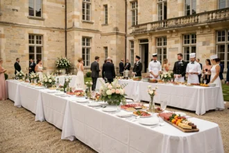 Table de réception de mariage dressée dans une cour de château alsacien avec des plats de traiteur élaborés et une décoration florale raffinée