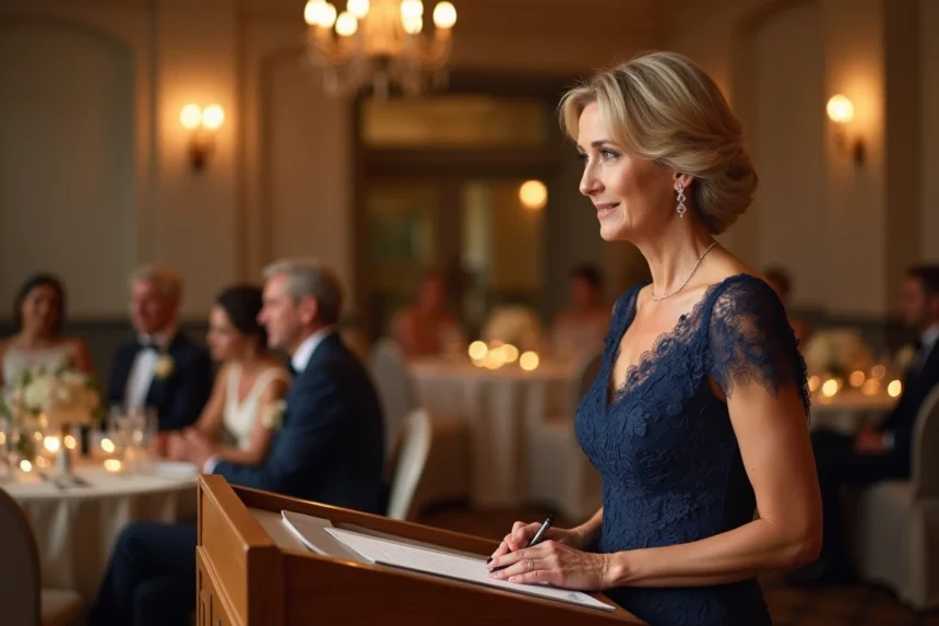 Mère de la mariée qui prononce un discours émouvant lors d'un mariage, tenant une feuille manuscrite devant les invités