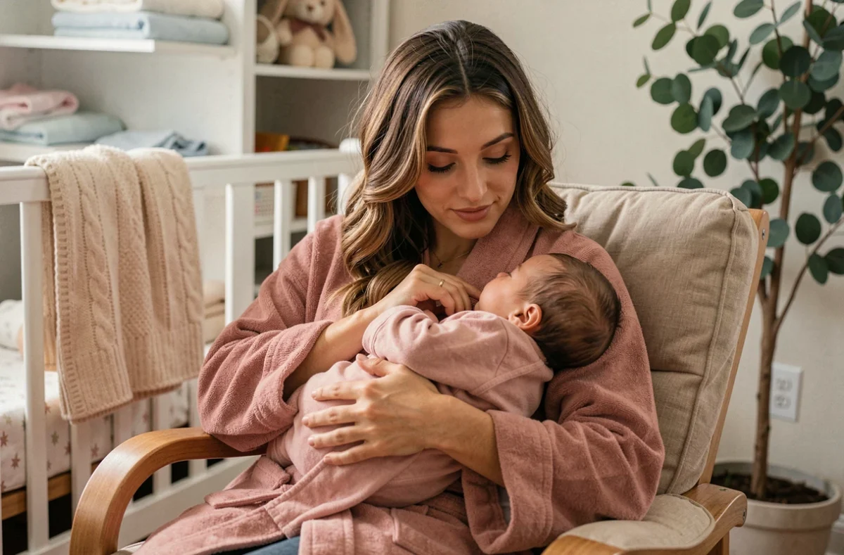 Jeune mère tenant son nouveau-né dans ses bras dans une chambre de bébé décorée avec douceur, séance photo de naissance à domicile
