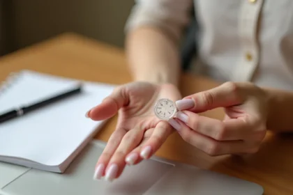 Femme mesurant la taille de son doigt avec un guide de mesure de bague transparent
