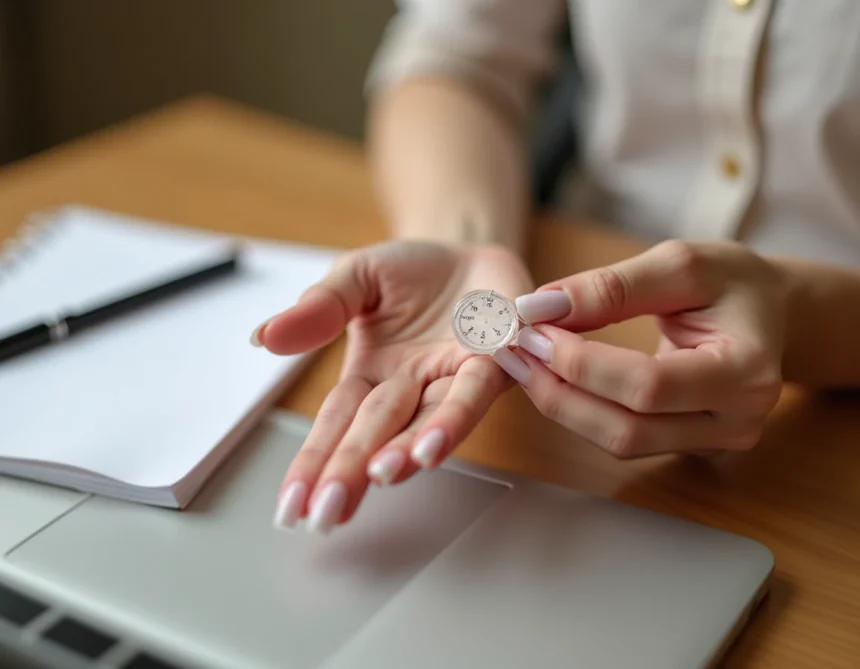 Femme mesurant la taille de son doigt avec un guide de mesure de bague transparent