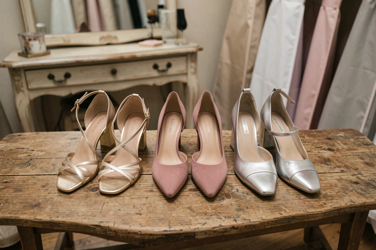 Trois modèles de chaussures à petit talon pour invitée de mariage posés sur un banc en bois rustique