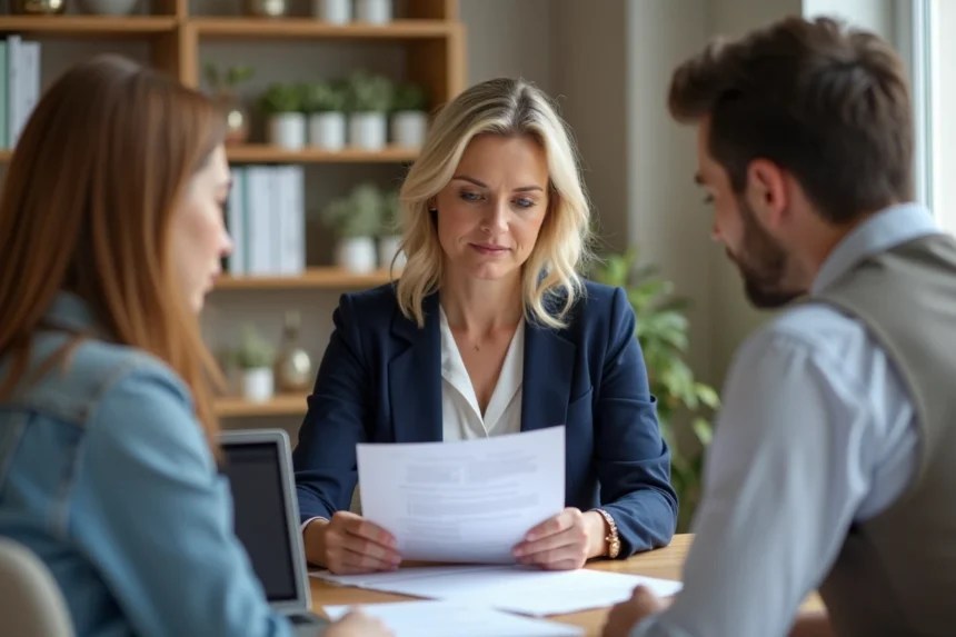 Wedding planner et couple de futurs mariés en discussion autour d'un contrat dans un bureau professionnel