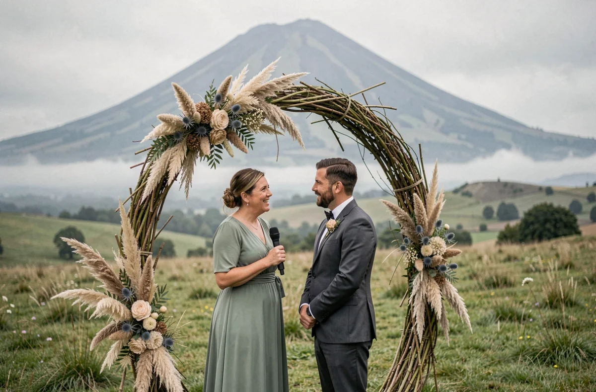 Officiante de mariage en robe vert sauge célébrant une cérémonie dans le Puy-de-Dôme avec un volcan en arrière-plan et une arche en osier tressé