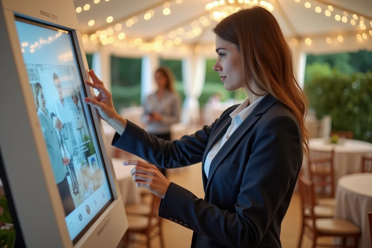 Organisatrice d evenement configure un photo booth en extérieur
