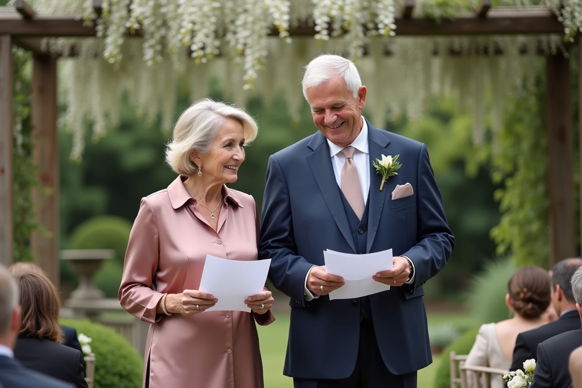 Les deux parents des mariés lisant ensemble un discours touchant lors d'une cérémonie de mariage en plein air